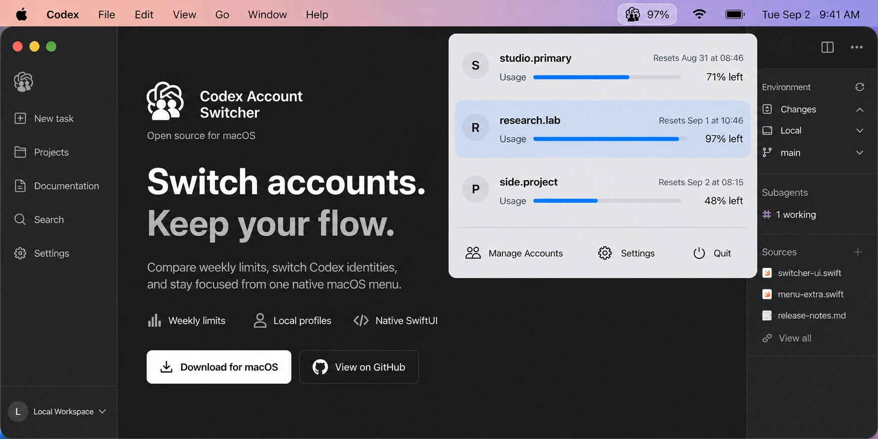 Codex Account Switcher menu showing three fictional local accounts, weekly usage bars, and reset times